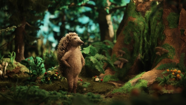 Le petit hérisson en laine feutrée est planté au milieu de la forêt qui constitue le décor en trois dimensions du film d'animation.