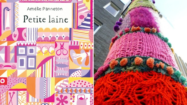 Couverture du roman d'Amélie Panneton et installation de tricot-graffiti du collectif les Ville-Laines