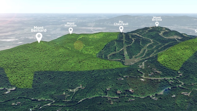 Les différents monts de Bromont concernés par le plan de parc naturel : le Mont Bernard, le Mont Horizon, le Pic Chevreuil, le Mont Brome et le Mont Spruce