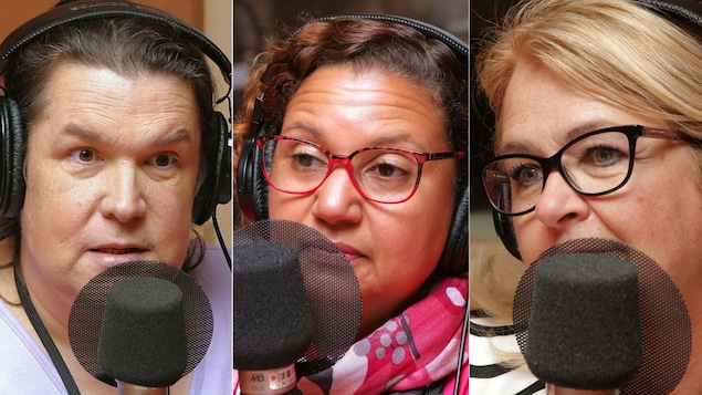 Montage de photos de Julie Lemieux, Bernadette Clément et Suzanne Roy devant un micro de radio.