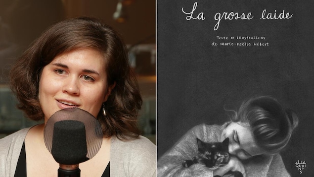 Montage d'une photo de Marie-Noëlle Hébert devant un micro de radio et la couverture de son livre avec un dessin d'elle qui tient un chat dans ses bras.