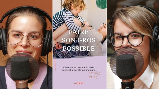 Collage de deux photos de Carolane et Josiane Stratis devant un micro de radio et la couverture de leur livre sur laquelle on voit Josiane avec son garçon.