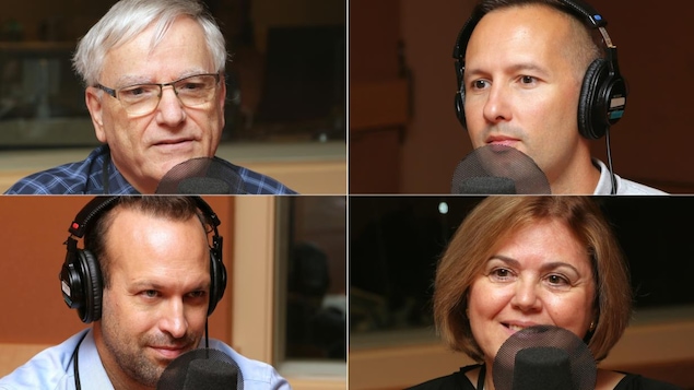 Montage de quatre photos de Guy Falardeau, de Martin Pearson, de Benoît Hammarrenger et de Lila Amirali, devant un micro de radio.