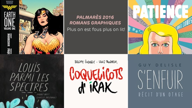 Une partie des couvertures des romans graphiques de Yanixk Paquette, Fanny Britt et Isabelle Arsenault, Brigitte Findakly et Lewis Trondheim, Guy Delisle et Daniel Clowes.