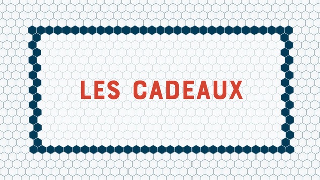 Les cadeaux écrit en rouge sur fond blanc.