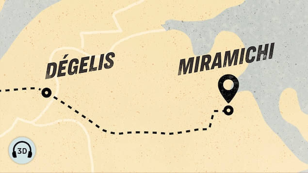 Carte illustrant la distance parcourue par les protagonistes de Dégelis à Miramichi