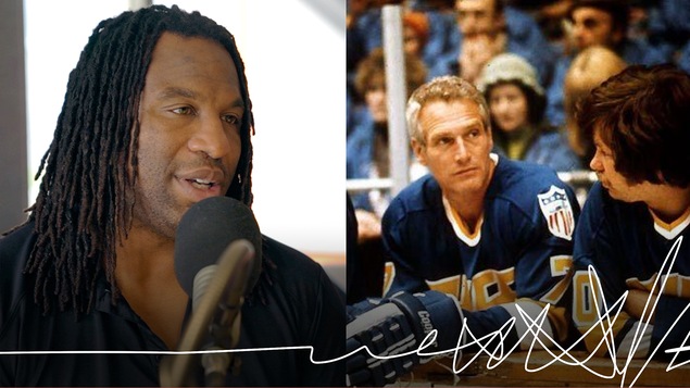 À gauche, l'ancien hockeyeur Georges Laraque. À droite, l'acteur américain Paul Newman dans le rôle de Reggie Dunlop, personnage du film culte Slapshot