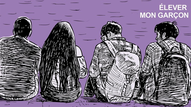 Illustration d'un groupe de jeunes, garçons et filles, assis avec des sacs à dos.
