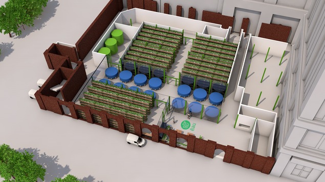 Maquette illustrant une ferme aquaponique de l'entreprise Écosystèmes alimentaires urbains