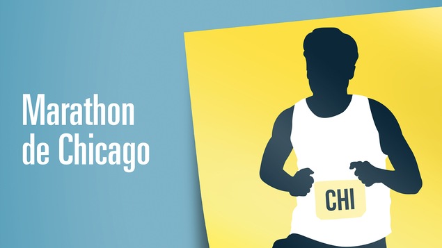 Illustration d'un homme qui court avec un dossard avec l'inscription « Marathon de Chicago »