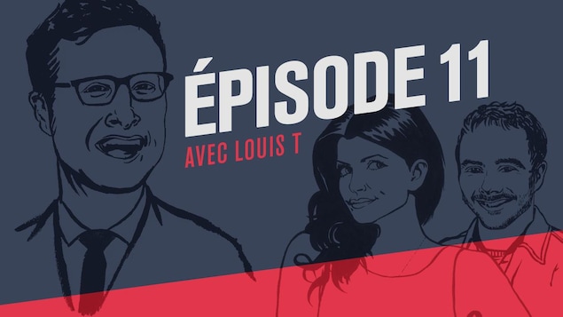 Illustration style bande dessinée représentant l'animateur Louis T et ses collaborateurs Kim Lizotte et Vincent Bolduc.