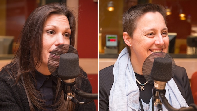 Un montage de deux photos montrant respectivement Marie-Ève Rancourt et Marie-Jean Meurs en train de parler au micro dans le studio de l'émission La sphère.