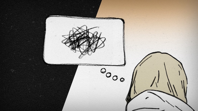 Une jeune fille dessinée de dos. Une bulle est tracée à gauche de sa tête pour signifier qu'elle songe.