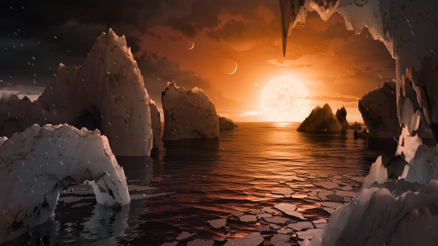 La surface de l'exoplanète Trappist-1f, telle qu'imaginée par un artiste