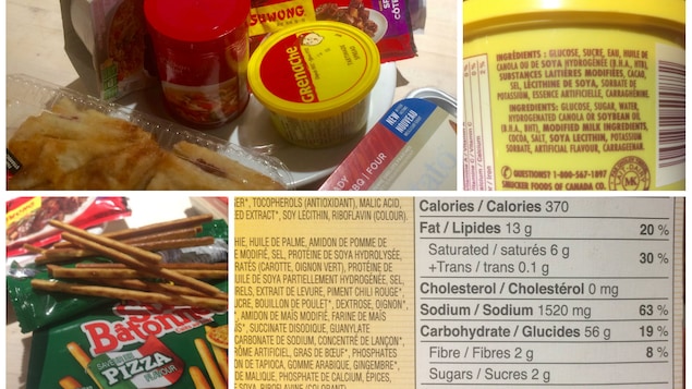 Un montage photos avec des exemples de produits transformés, surremballés, une liste d'ingrédients dont du glucose, du sucre et de l'huile de canola et la liste des valeurs nutritives dont 1520 mg de sodium soit 63 % des apports quotidiens