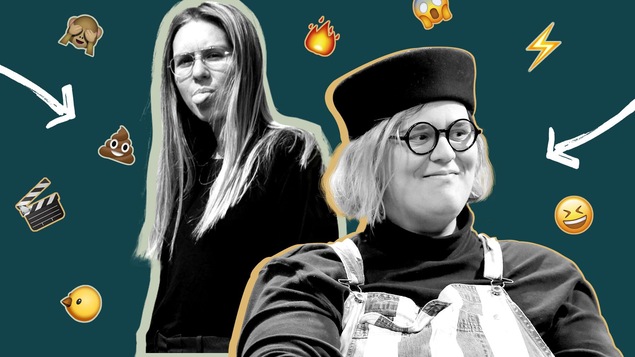 Montage montrant chanteuses Lydia Képinski et Safia Nolin sur un fond vert foncé avec des emojis volants autour d'elles.