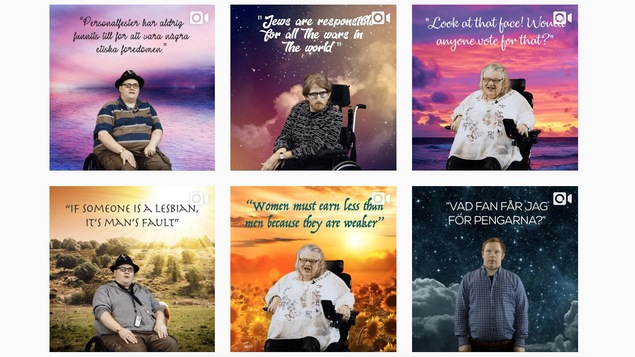 Une mosaïque de vidéos montrant des personnes handicapées, debout ou en fauteuil, prononçant des citations absurdes de personnalités politiques.