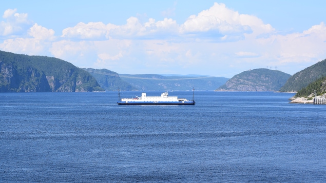 Le projet Énergie Saguenay augmentera le trafic maritime commercial dans le parc marin du Saguenay-Saint-Laurent. On aperçoit le traversier dans le fjord.
