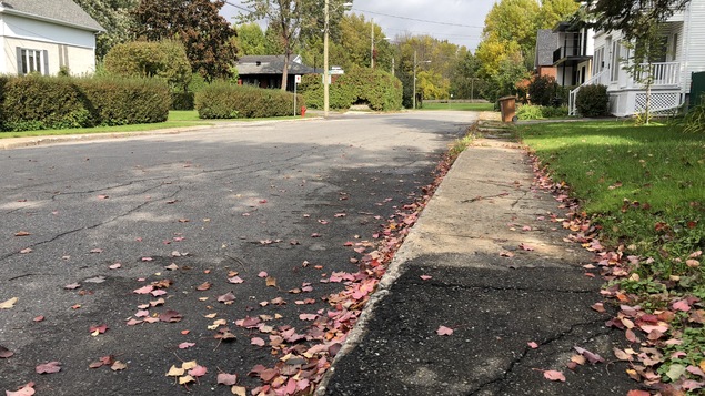 Un trottoir fortement endommagé dans une rue résidentielle.