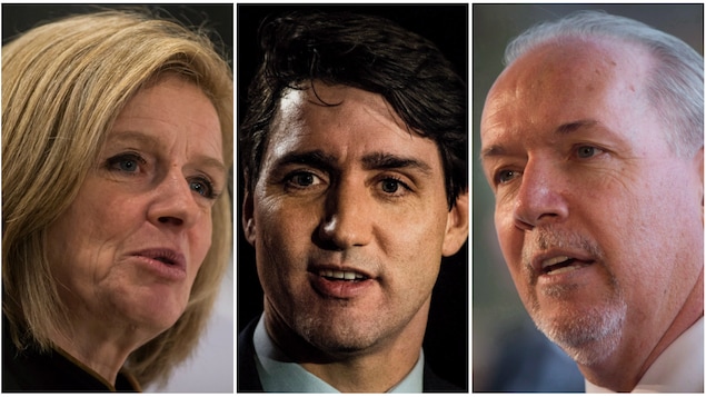 Un collage avec de gauche à droite un portrait de Rachel Notley, Justin Trudeau et John Horgan.
