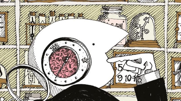 Dessin d'un personnage devant des horloges.
