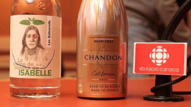 Deux bouteilles de vin posées près d'un pied de micro de radio.