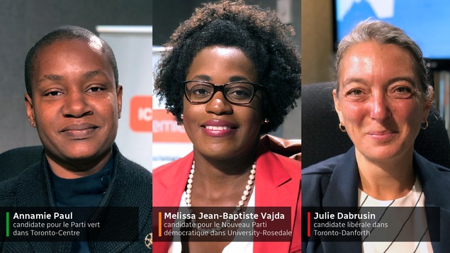 Annamie Paul, candidate pour le Parti vert dans Toronto-Centre, Melissa Jean-Baptiste Vajda, candidate pour le Nouveau Parti démocratique dans University-Rosedale et Julie Dabrusin, candidate libérale dans Toronto-Danforth