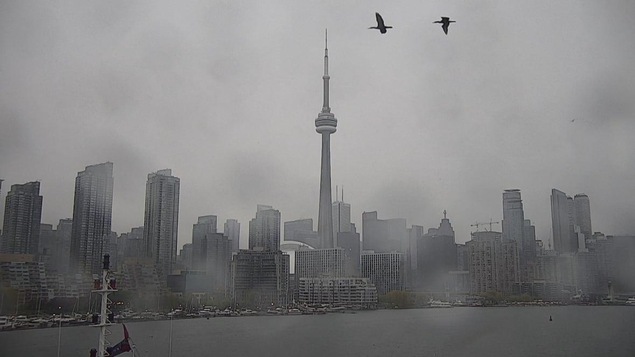Vue du centre-ville de Toronto sous la pluie.
