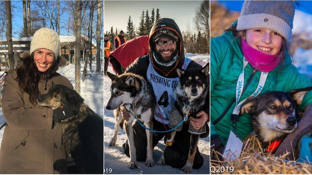 Dans un collage photo, on voit Katherine Langlais, Rémy Leduc et Marianne entourés de chiens de traîneaux