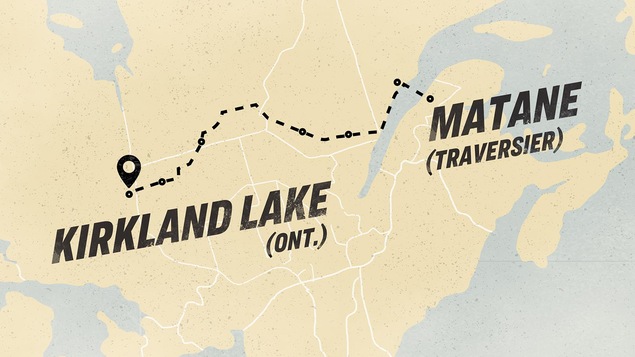Le tracé d'un trajet sur une carte de Matane, au Québec, jusqu'à Kirkland Lake en Ontario.