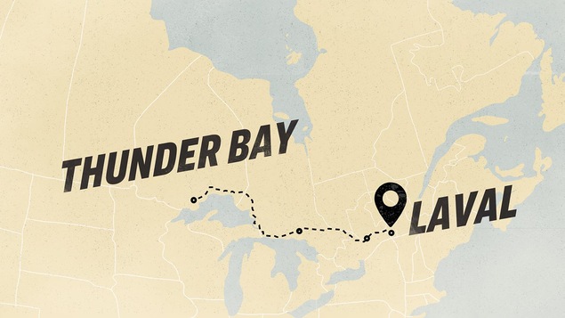 Le tracé d'un trajet sur une carte de Thunder Bay, en Ontario jusqu'à Laval au Québec.