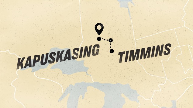 Le tracé d'un trajet sur une carte de Timmins jusqu'à Kapuskasing, en Ontario.