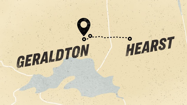Le tracé d'un trajet sur une carte de Hearst jusqu'à Geraldton en Ontario.