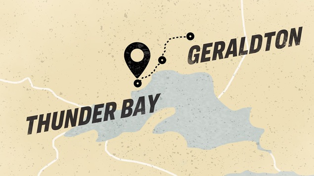 Le tracé d'un trajet sur une carte de Geraldton, jusqu'àThunder Bay, en Ontario.