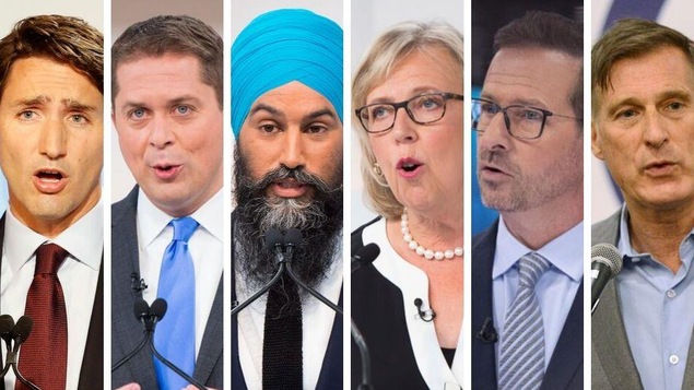 Montage montrant les visages des six chefs des principaux partis politique au fédéral lors d'un débat.
