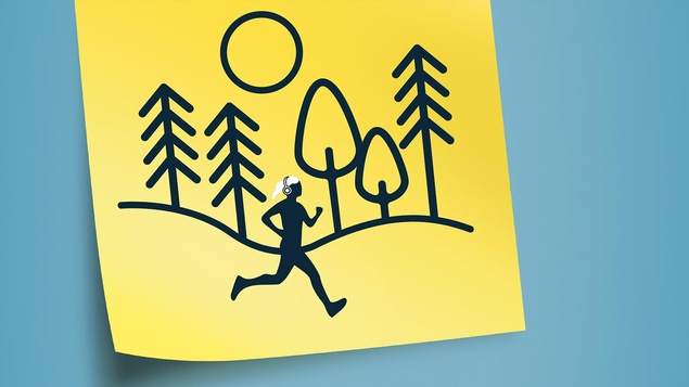 Illustration représentant une femme avec une queue de cheval blonde court dans la forêt avec ses écouteurs sur les oreilles.