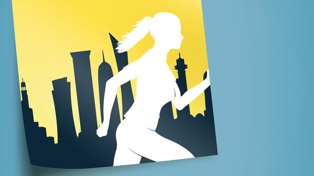 Illustration d'une coureuse devant une silhouette de grattes-ciel évoquant la ville de Doha.
