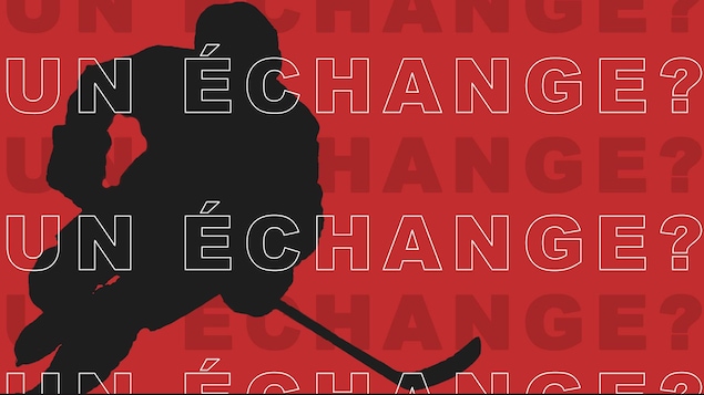 Ombre d'un joueur de hockey sur fond rouge avec le libellé "un échange?".