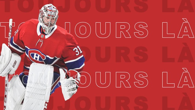 Carey Price sur fond rouge avec le libellé « Toujours là »