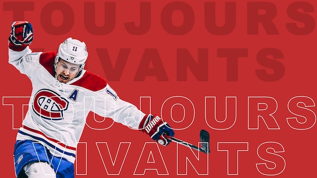 Brendan Gallagher sur fond rouge avec le libellé : Toujours vivants.