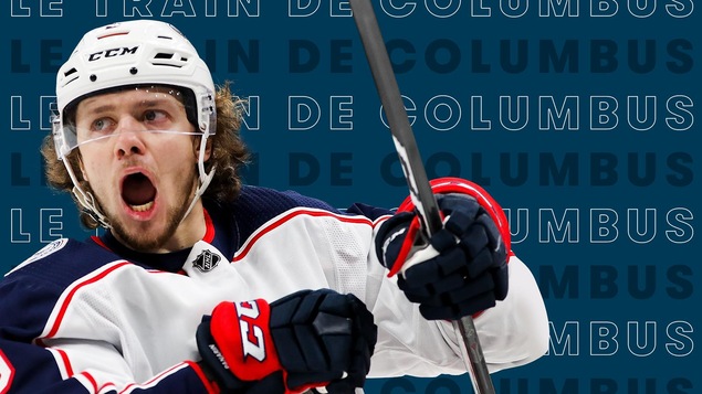 Photo d'Artemi Panarin sur fond bleu avec le libellé : "Le train de Columbus".