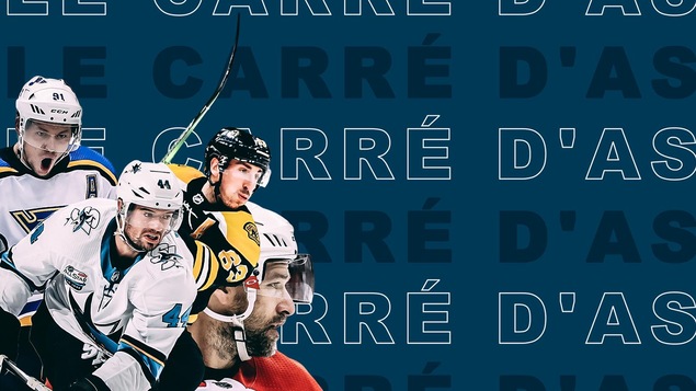 Photos des joueurs Tarasenko, Vlasic, Marchand et Williams sur fond bleu avec le libellé "Carré d'as".