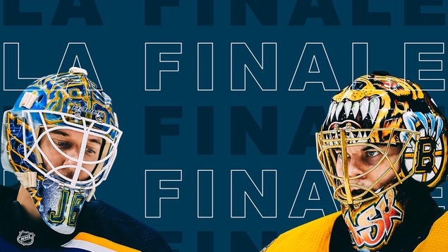 Photo de Jordan Binnington et Tuukka Rask sur fond bleu avec le libellé « La finale ».