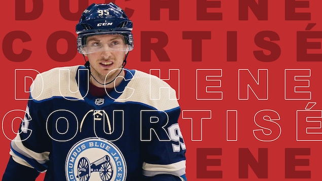 Matt Duchene sur fond rouge avec libellé : Duchene Courtisé