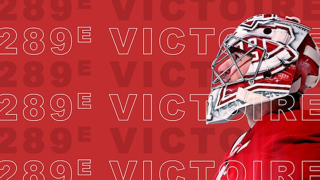 Carey Price de profil avec son casque de gardien, sur fond rouge avec le libellé « 289e victoire ».