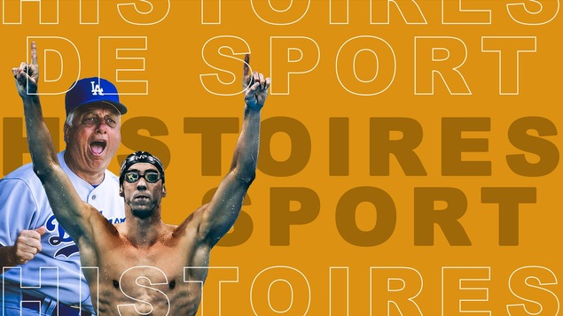 Images de Michael Phelps et Tommy Lasorda sur fond jaune avec libellé Histoires de sport