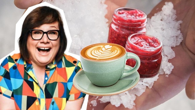 montage photo avec la femme souriante du sel du café et des pots de confiture.