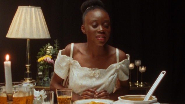 Une jeune femme (Schelby Jean-Baptiste) assise devant un festin sur une table. Une jeune femme (Schelby Jean-Baptiste) assise devant un festin sur une table.