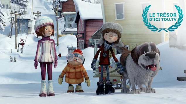 Trois personnages et un chien, dessinés, dans un paysage d'hiver. Trois personnages et un chien, dessinés, dans un paysage d'hiver.