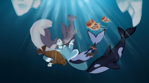 Sedna, la déesse de la mer entourée de poissons et mammifères marins.